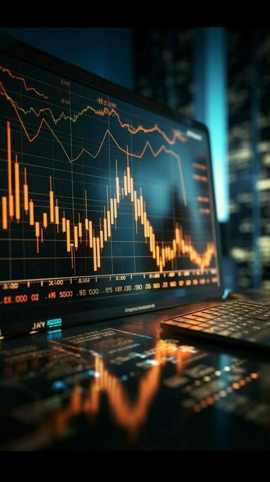 Tela de laptop exibindo gráficos complexos do mercado financeiro, com linhas e velas (candlesticks) em tons de laranja brilhante, em um ambiente de trabalho escuro.
