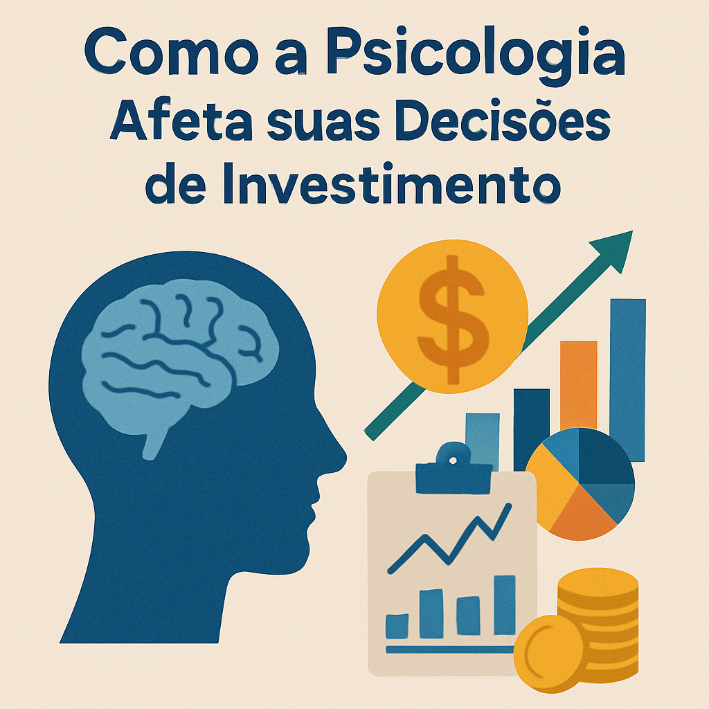 Infográfico ilustrado mostrando como emoções como medo, ganância e euforia influenciam negativamente as decisões de investimento.