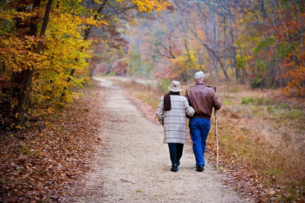 Casal de idosos caminhando de braços dados por um caminho em meio a árvores com folhas de outono, vistos de costas.