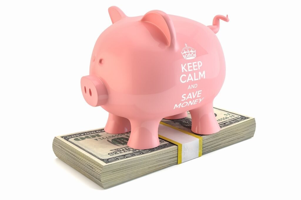 Porquinho rosa com frase "Keep Calm and Save Money" em pé sobre uma pilha de notas de dólar amarradas, representando a importância de criar uma reserva de emergência.