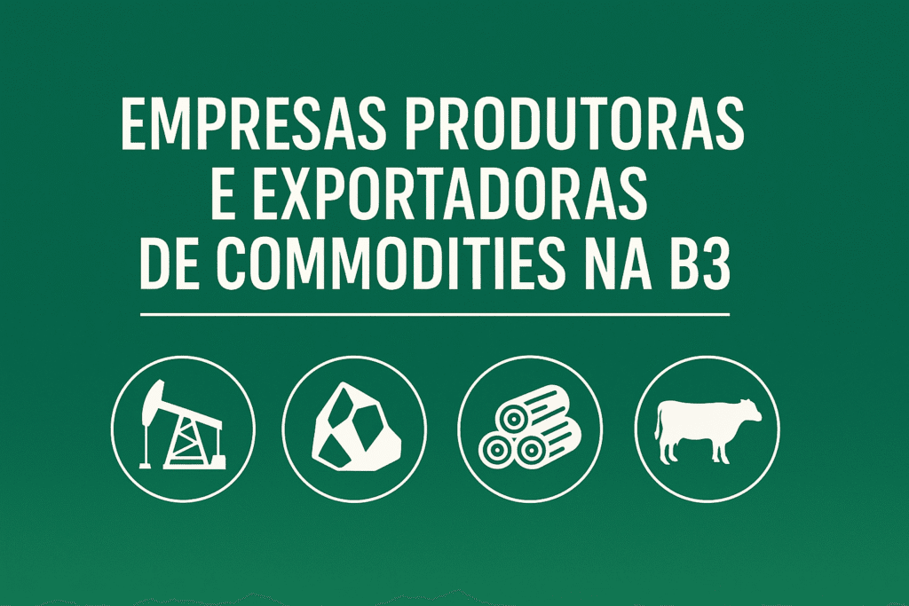 Infográfico verde com ícones representando petróleo, minerais, madeira e pecuária, destacando o tema commodities na B3.