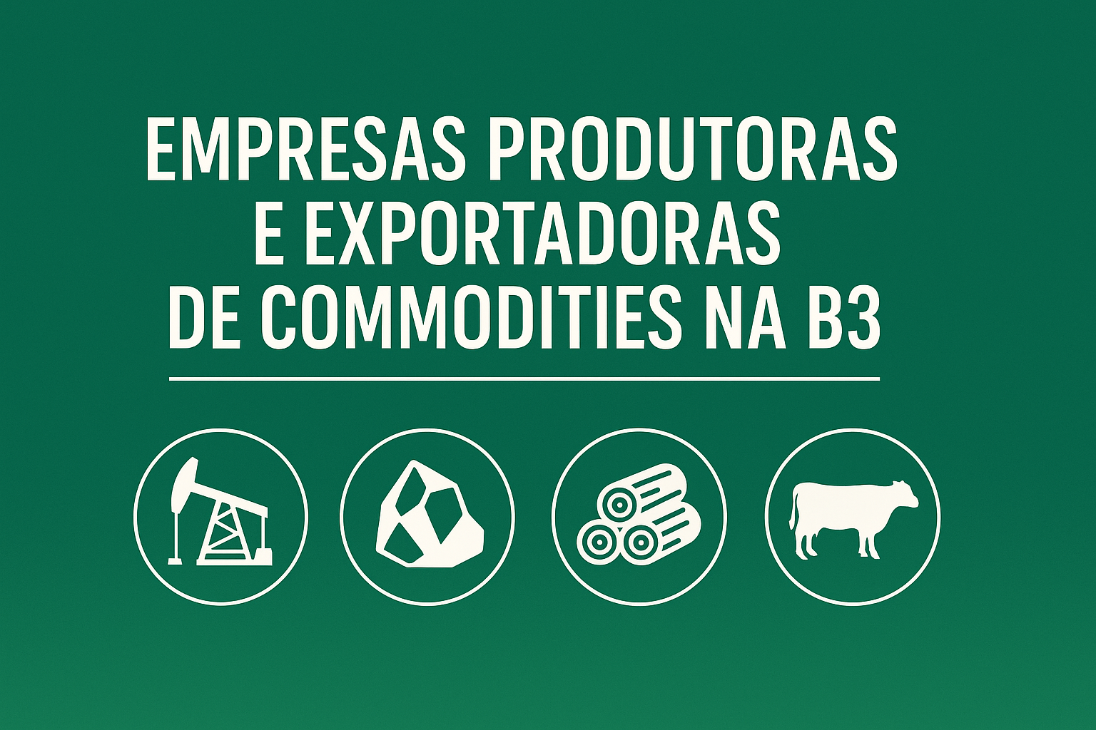 Infográfico verde com ícones representando petróleo, minerais, madeira e pecuária, destacando o tema commodities na B3.